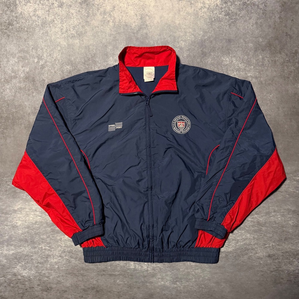 Vtg USSF Soccer Referee Track Jacket Mens L Navy Red Big USA Spellout Back Zip
